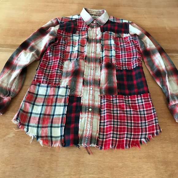 Diesel Top Women XS Red Plaid Patchwork Snap Button Up Long Sleeve Collared - Picture 1 of 13